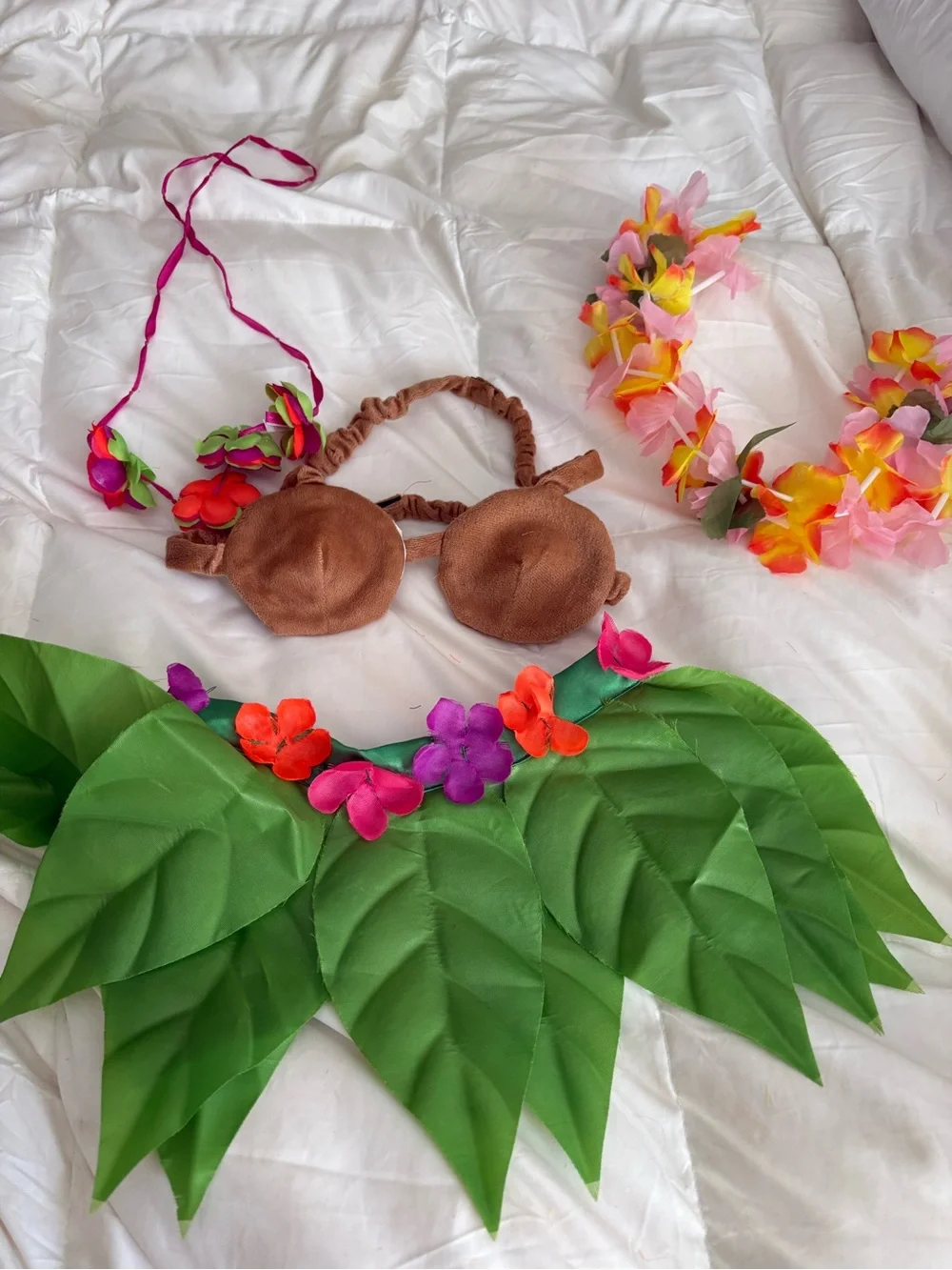Pet Brown Leaf Hula Set with Green Skirt and Floral Leis